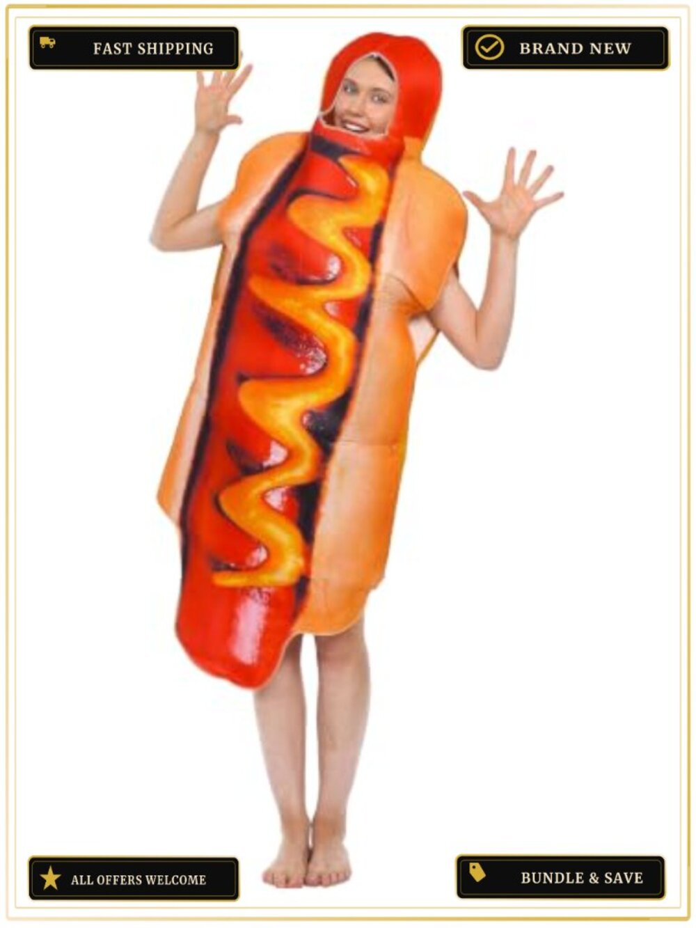 Unisex Adult Hot Dog Costume Polyester Hooded Tunic Halloween Party Outfit